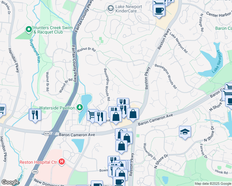 map of restaurants, bars, coffee shops, grocery stores, and more near 1644 Fieldthorn Drive in Reston