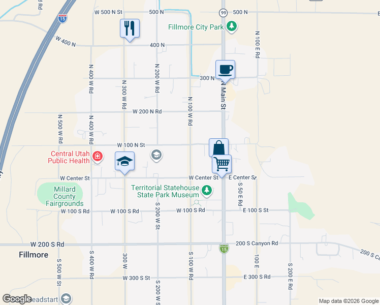 map of restaurants, bars, coffee shops, grocery stores, and more near 50 100 West in Fillmore