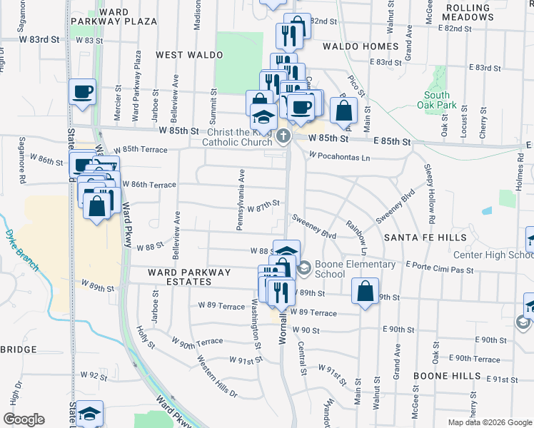 map of restaurants, bars, coffee shops, grocery stores, and more near 418 West 87th Terrace in Kansas City