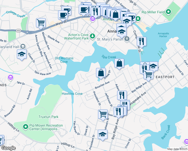 map of restaurants, bars, coffee shops, grocery stores, and more near 1009 Moss Haven Court in Annapolis