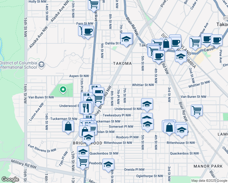 map of restaurants, bars, coffee shops, grocery stores, and more near 6615 8th Street Northwest in Washington