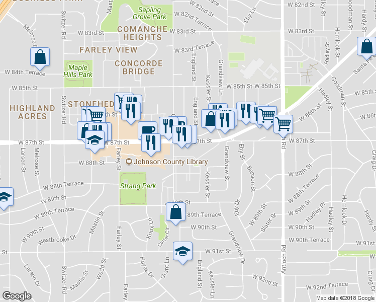 map of restaurants, bars, coffee shops, grocery stores, and more near 9343 West 87th Street in Overland Park