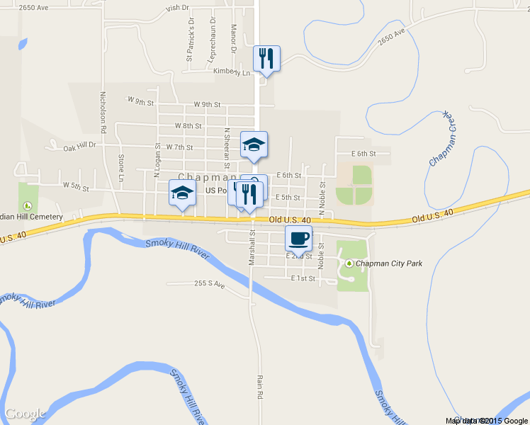 map of restaurants, bars, coffee shops, grocery stores, and more near 114 E 4th St in Chapman