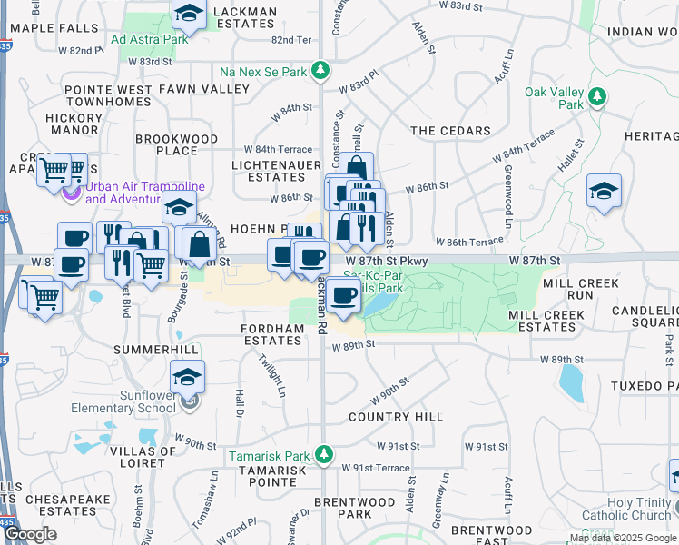 map of restaurants, bars, coffee shops, grocery stores, and more near 15055 West 87th Street in Lenexa