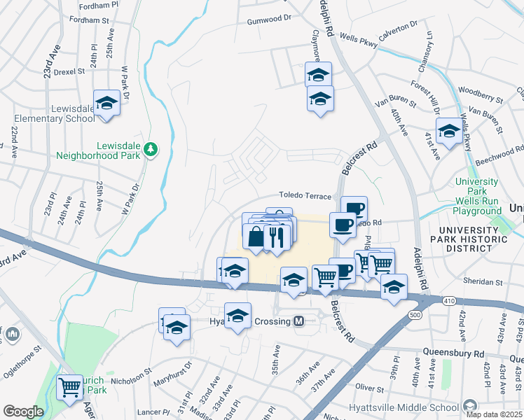 map of restaurants, bars, coffee shops, grocery stores, and more near 3405 Toledo Terrace in Chillum