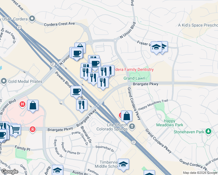 map of restaurants, bars, coffee shops, grocery stores, and more near 9665 Prominent Point in Colorado Springs