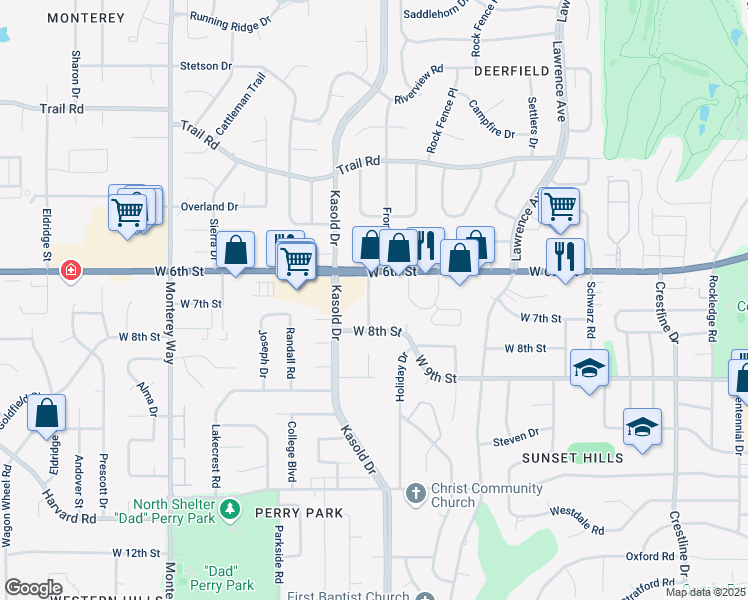 map of restaurants, bars, coffee shops, grocery stores, and more near 706 Arizona Street in Lawrence