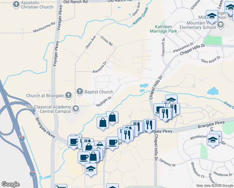 map of restaurants, bars, coffee shops, grocery stores, and more near 2065 Mulligan Drive in Colorado Springs