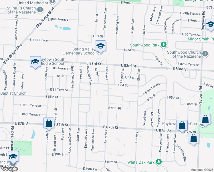 map of restaurants, bars, coffee shops, grocery stores, and more near 8434 Lane Place in Raytown