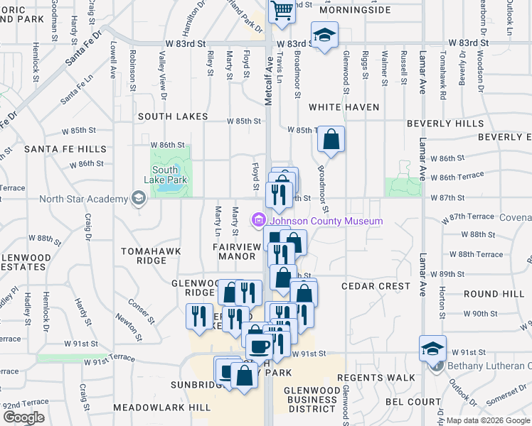 map of restaurants, bars, coffee shops, grocery stores, and more near 8738 Metcalf Lane in Overland Park