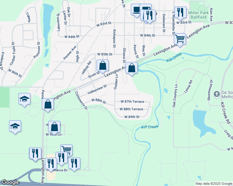 map of restaurants, bars, coffee shops, grocery stores, and more near 33382 West 87th Terrace in De Soto