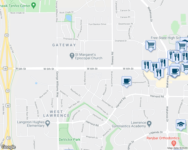 map of restaurants, bars, coffee shops, grocery stores, and more near 5555 West 6th Street in Lawrence