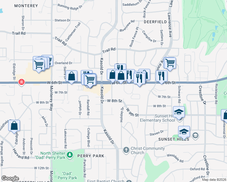 map of restaurants, bars, coffee shops, grocery stores, and more near 721 Arizona Street in Lawrence