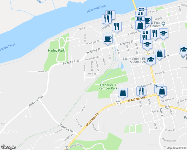 map of restaurants, bars, coffee shops, grocery stores, and more near 212 Haller Street in Boonville