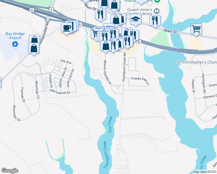 map of restaurants, bars, coffee shops, grocery stores, and more near 308 Marion Quimby Drive in Stevensville