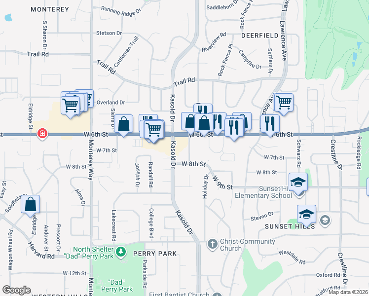map of restaurants, bars, coffee shops, grocery stores, and more near 721 Arizona Street in Lawrence