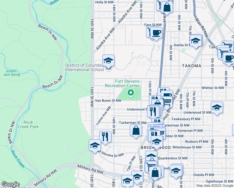 map of restaurants, bars, coffee shops, grocery stores, and more near 6600 Luzon Avenue Northwest in Washington