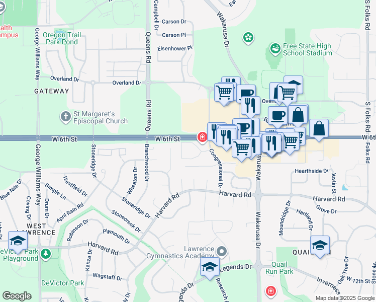 map of restaurants, bars, coffee shops, grocery stores, and more near 5121 Congressional Circle in Lawrence