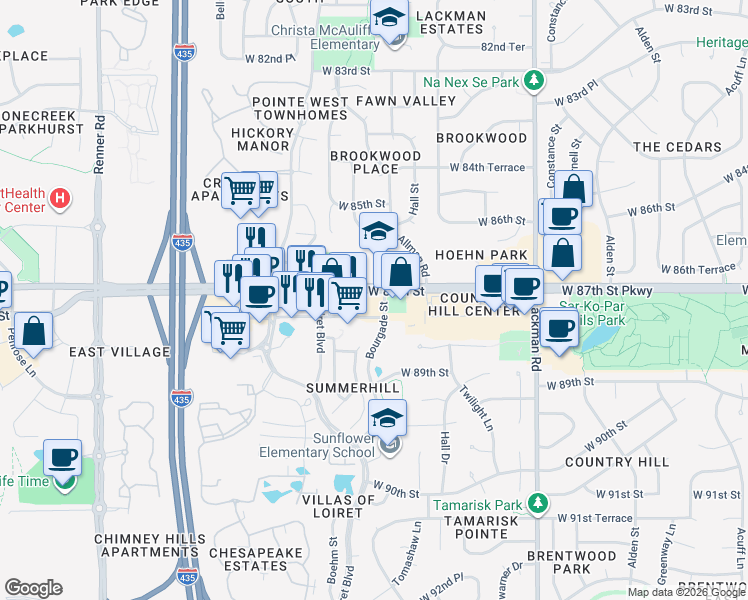 map of restaurants, bars, coffee shops, grocery stores, and more near 15751 West 87th Street Parkway in Lenexa