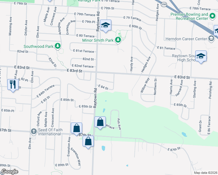 map of restaurants, bars, coffee shops, grocery stores, and more near 10108 East 84 Street in Raytown