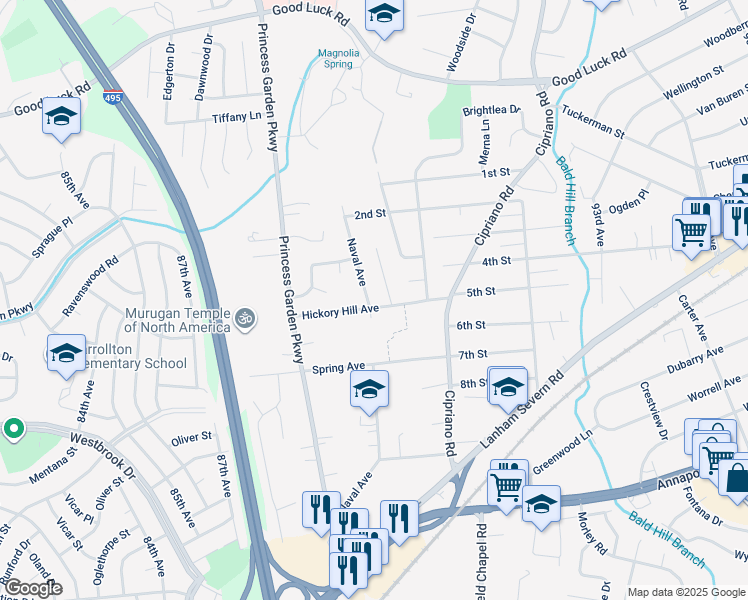 map of restaurants, bars, coffee shops, grocery stores, and more near 6305 Naval Avenue in Lanham