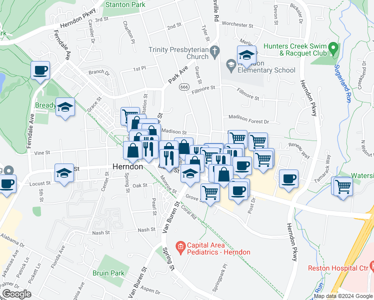 map of restaurants, bars, coffee shops, grocery stores, and more near 758 Jackson Street in Herndon