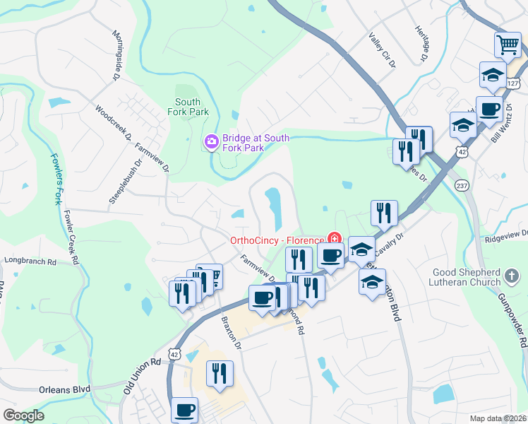 map of restaurants, bars, coffee shops, grocery stores, and more near 16 Rio Grande Circle in Florence