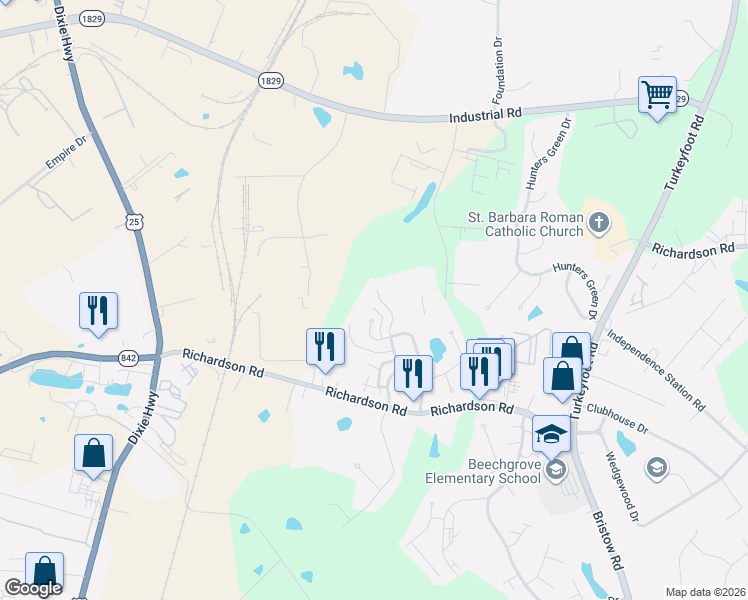 map of restaurants, bars, coffee shops, grocery stores, and more near 4176 Birnam Drive in Independence