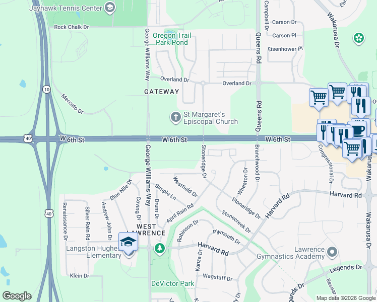 map of restaurants, bars, coffee shops, grocery stores, and more near 5651 West 6th Street in Lawrence