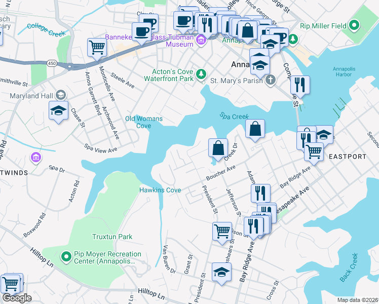 map of restaurants, bars, coffee shops, grocery stores, and more near 1 President Point Drive in Annapolis