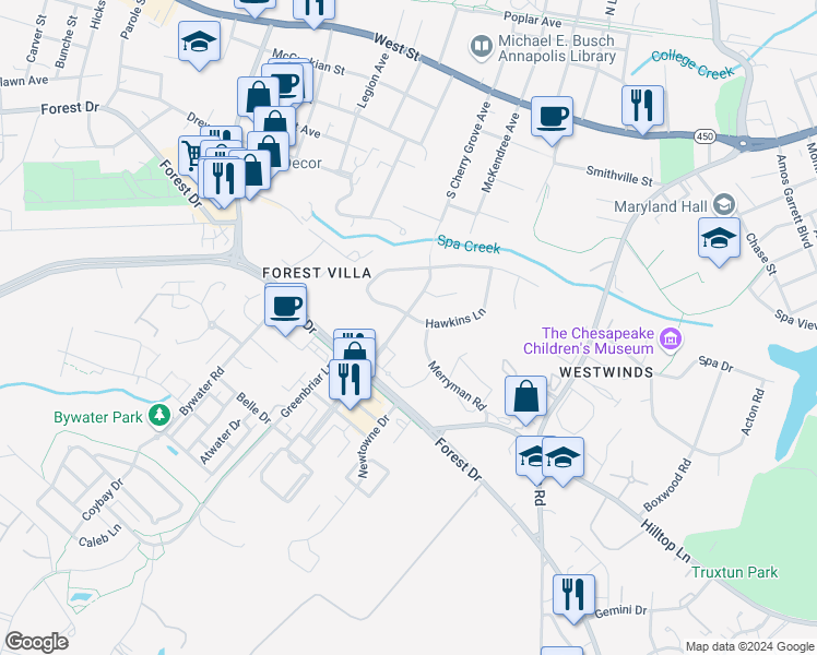 map of restaurants, bars, coffee shops, grocery stores, and more near 401 South Cherry Grove Avenue in Annapolis