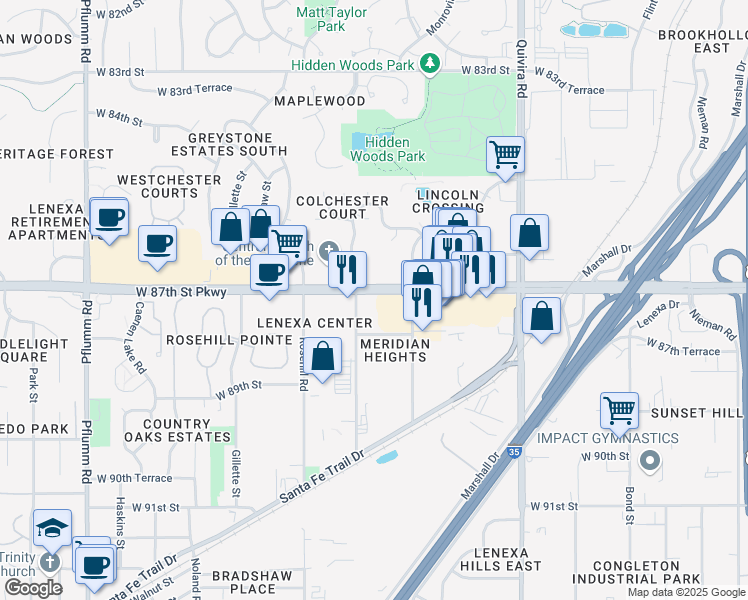 map of restaurants, bars, coffee shops, grocery stores, and more near 12425 West 87th Street Parkway in Lenexa