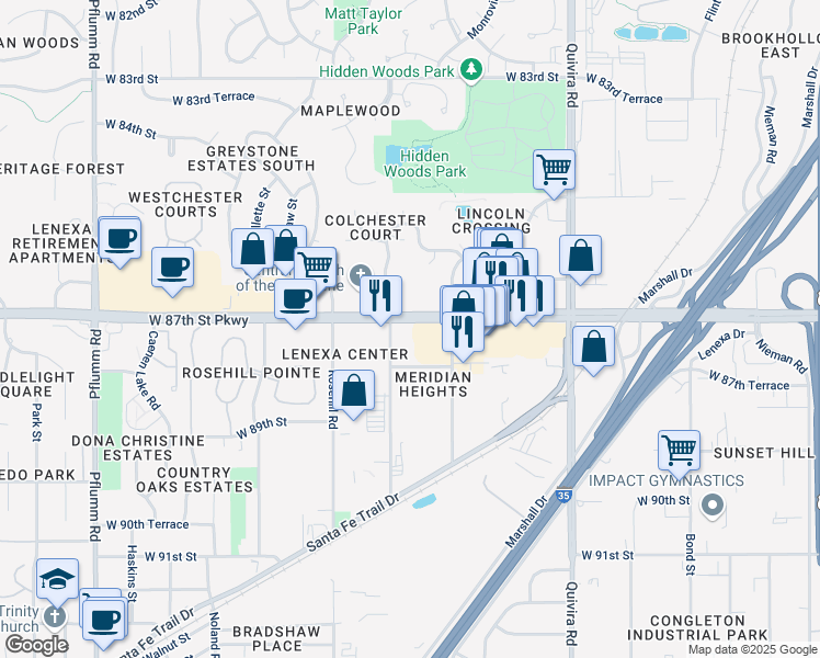 map of restaurants, bars, coffee shops, grocery stores, and more near 12425 West 87th Street Parkway in Lenexa