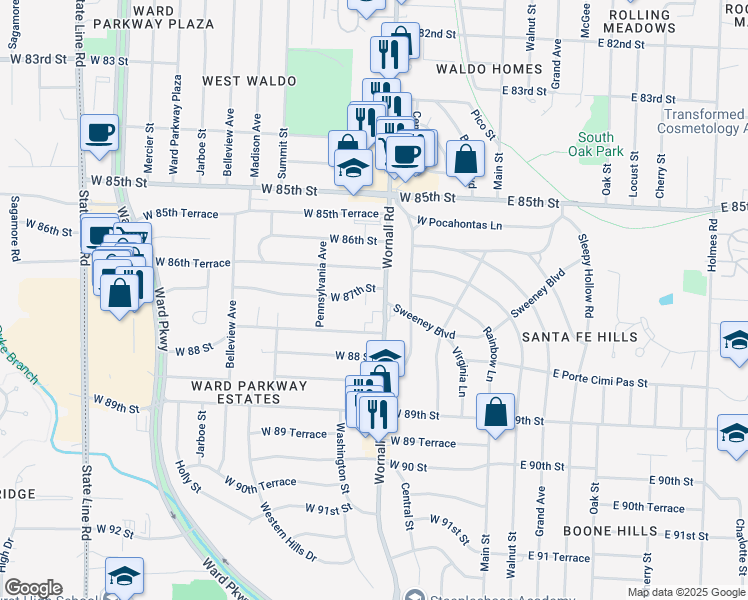 map of restaurants, bars, coffee shops, grocery stores, and more near 418 West 87th Terrace in Kansas City