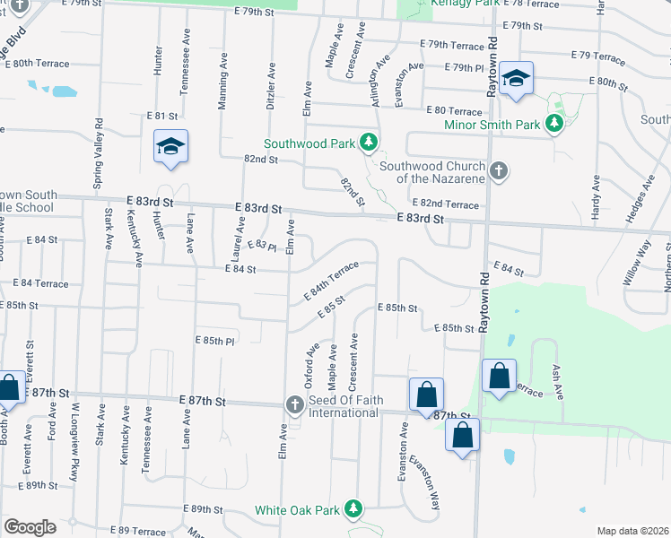 map of restaurants, bars, coffee shops, grocery stores, and more near 9317 East 84th Terrace in Raytown