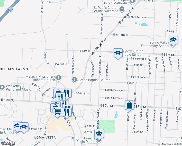 map of restaurants, bars, coffee shops, grocery stores, and more near 8501 Greenwood Road in Raytown
