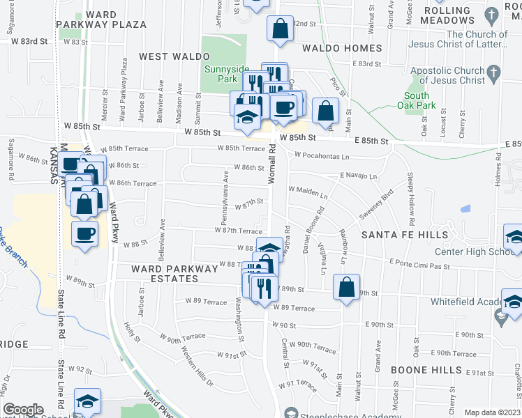 map of restaurants, bars, coffee shops, grocery stores, and more near 418 West 87th Terrace in Kansas City