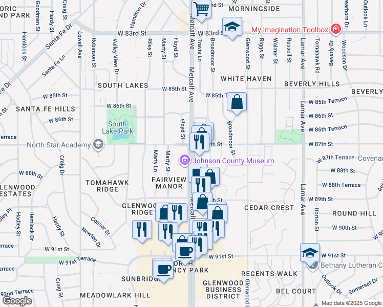 map of restaurants, bars, coffee shops, grocery stores, and more near 8738 Metcalf Lane in Overland Park