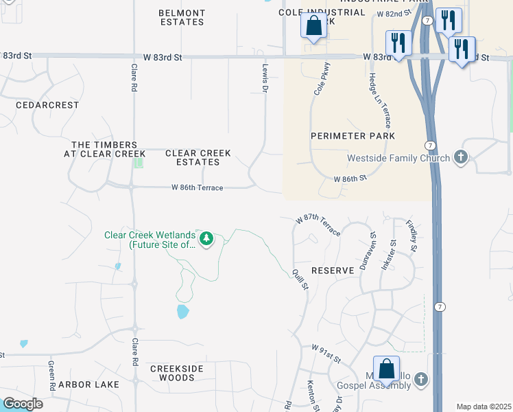 map of restaurants, bars, coffee shops, grocery stores, and more near 23907 West 86th Terrace in Lenexa