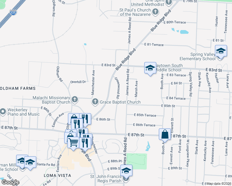 map of restaurants, bars, coffee shops, grocery stores, and more near 8501 Greenwood Road in Raytown