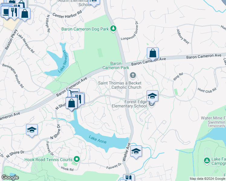 map of restaurants, bars, coffee shops, grocery stores, and more near 1405 Northgate Square in Reston