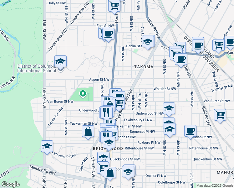 map of restaurants, bars, coffee shops, grocery stores, and more near 6625 Georgia Avenue Northwest in Washington