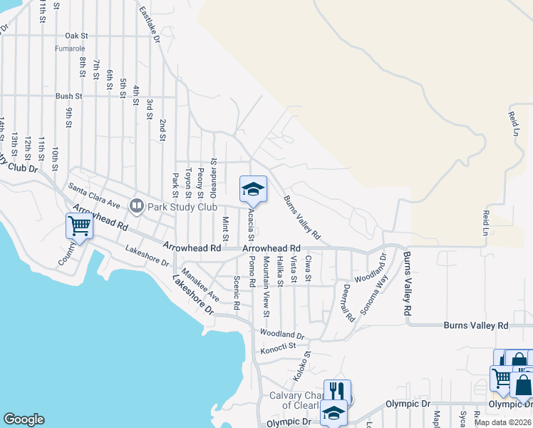 map of restaurants, bars, coffee shops, grocery stores, and more near 3350 Acacia Street in Clearlake