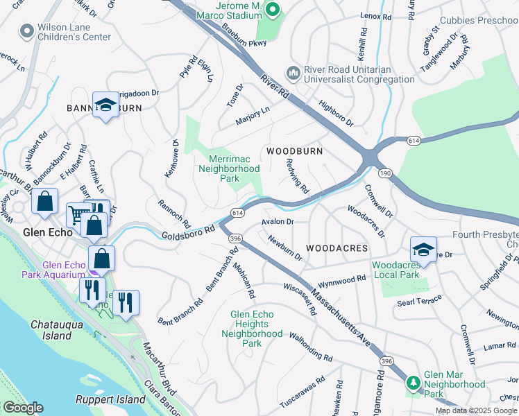 map of restaurants, bars, coffee shops, grocery stores, and more near 18 Avalon Court in Bethesda