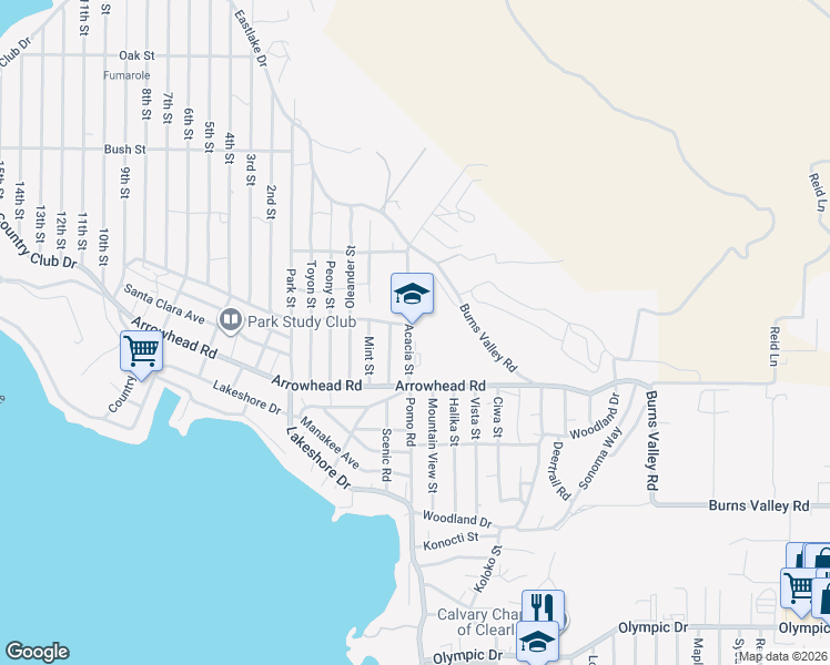 map of restaurants, bars, coffee shops, grocery stores, and more near 3350 Acacia Street in Clearlake