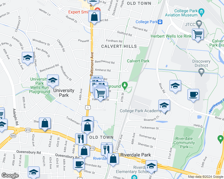 map of restaurants, bars, coffee shops, grocery stores, and more near 4622 Woodberry Street in Riverdale Park