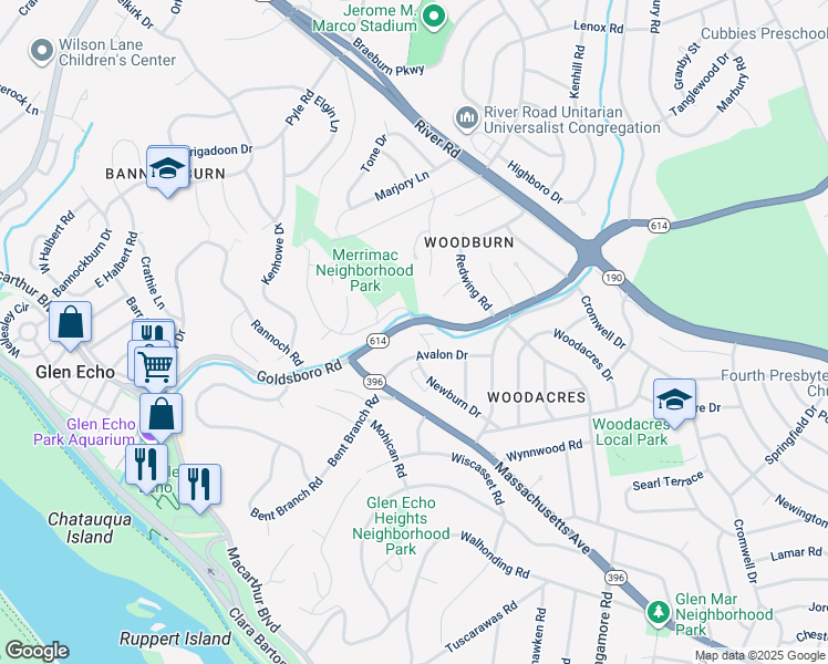 map of restaurants, bars, coffee shops, grocery stores, and more near 18 Avalon Court in Bethesda