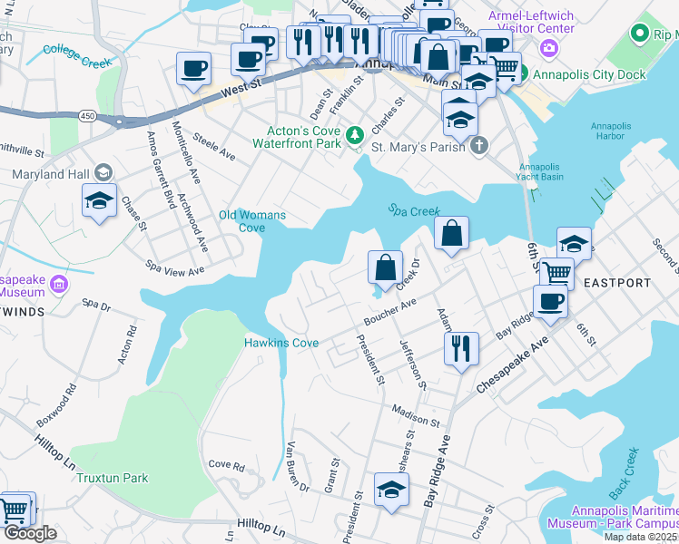 map of restaurants, bars, coffee shops, grocery stores, and more near 13 President Point Drive in Annapolis