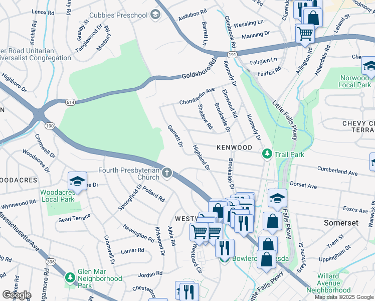 map of restaurants, bars, coffee shops, grocery stores, and more near 6207 Garnett Drive in Bethesda
