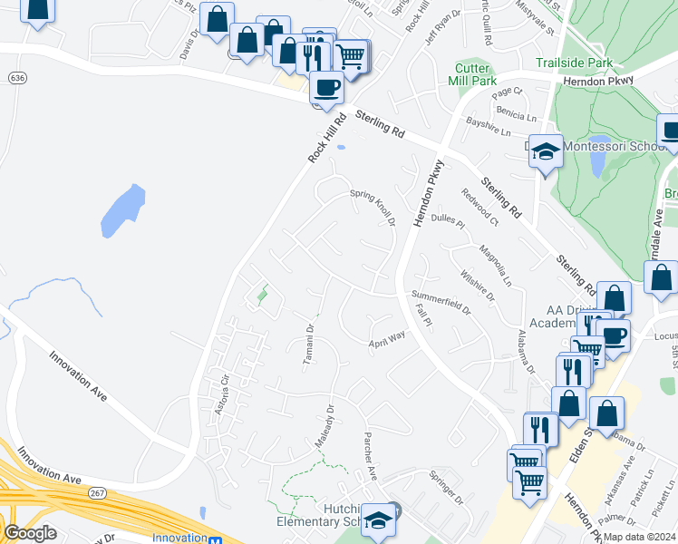 map of restaurants, bars, coffee shops, grocery stores, and more near 1322 Summerfield Drive in Herndon
